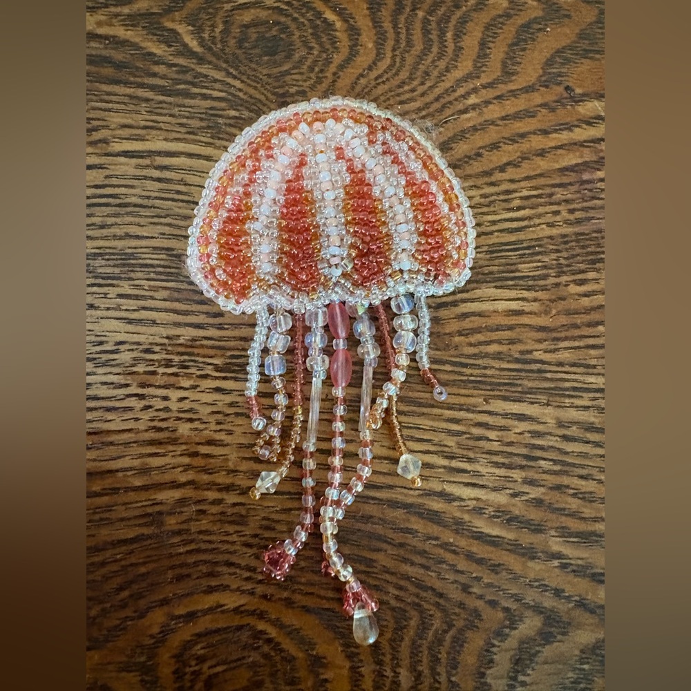 VINTAGE LK Jellyfish Beaded Brooch 3.5” Orange Cream Tassels Marine Sea Life